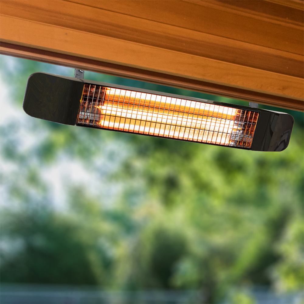 Beautiful covered patio outside new luxury home with television,